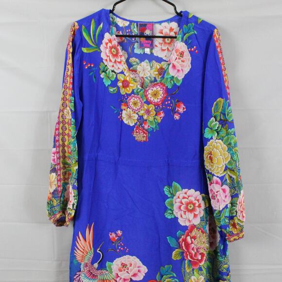Johnny Was Dress Large Tiered Maxi Victoria Scarf Blue Silk Floral Boho Artsy - Picture 6 of 14
